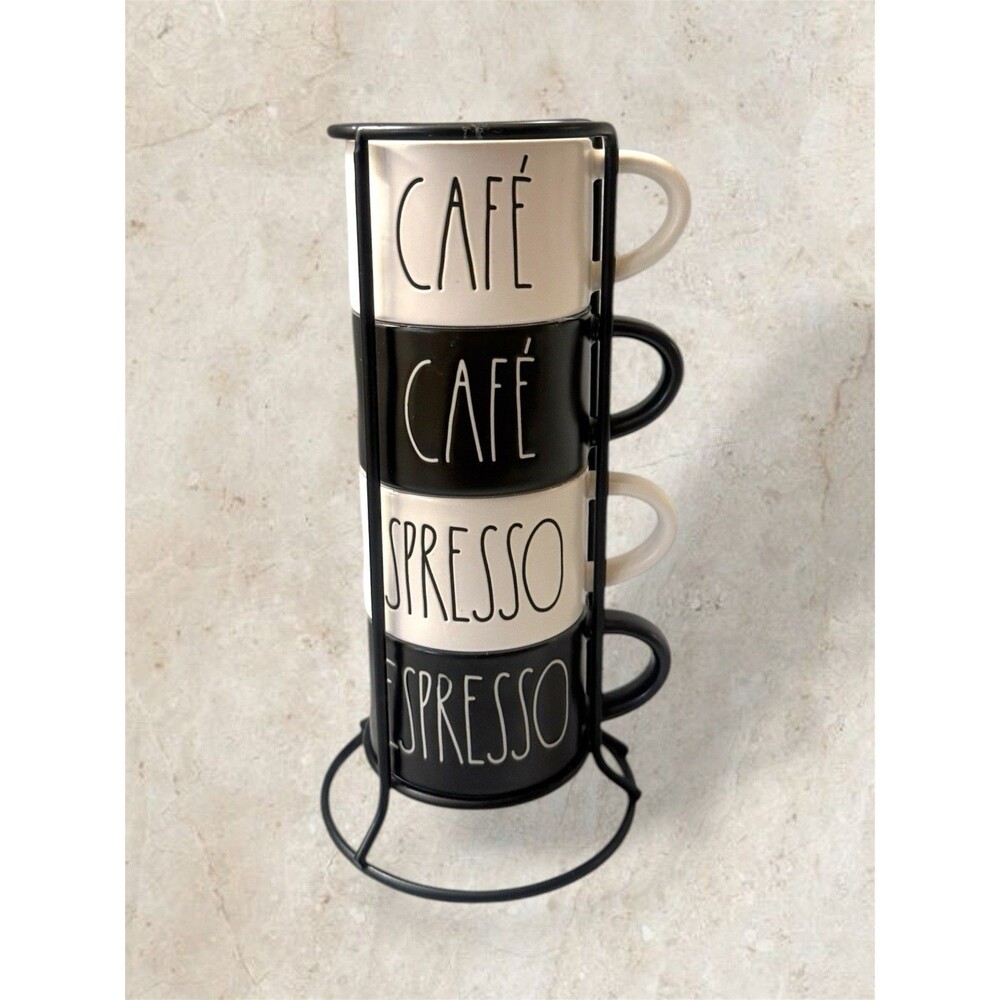 Rae Dunn ESPRESSO CAFE Mug Set w/ Rack Black White Artisan Collection NWOT HTF